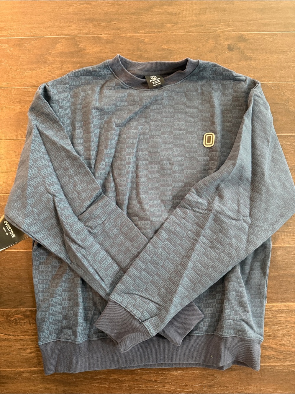 Men's Navy Textured Crewneck Sweater with Chest Emblem